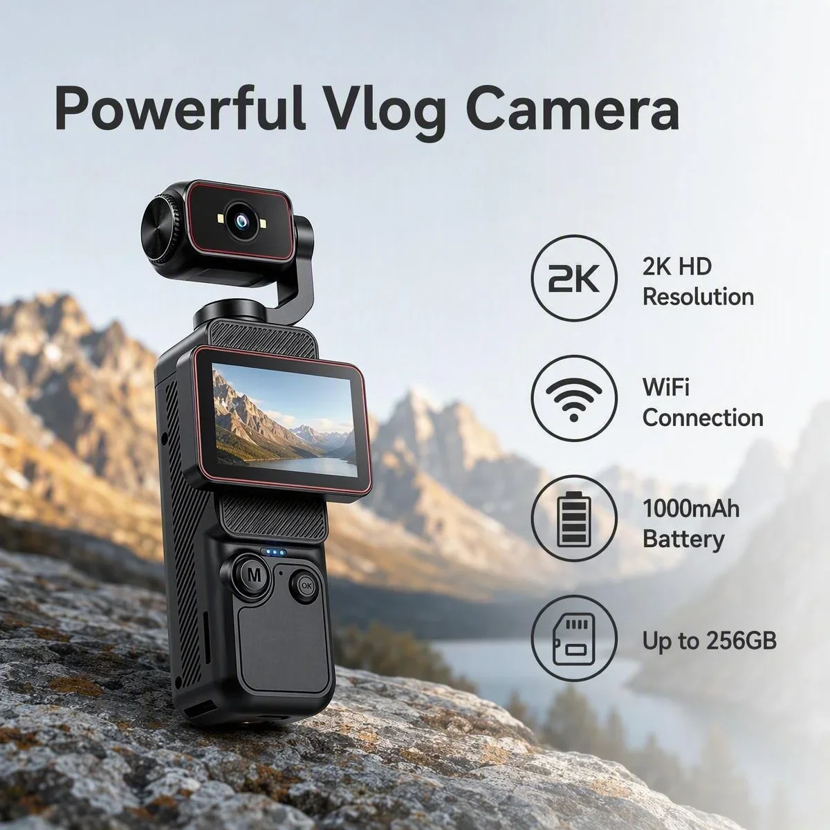 2K Pocket Handheld Vlog Camera, 270° Rotatable 120° Wide Angle Lens Built-in Fill Light Mic, WiFi Sports Action Cam 1000mAh B