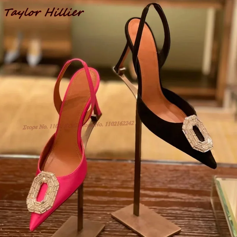 Oval Rhinestone Buckle Pumps Sandals Pointed Toe Low Heel Slingback High Heels Sexy Elegant Party Luxury Dress Women\'S Shoes