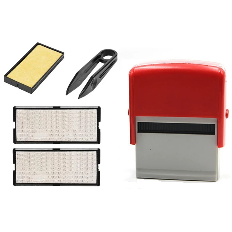 2X Self Inking Stamp Set Custom Personalised DIY Business Name Number Address Printing Rubber Stamp With Tweezers Red