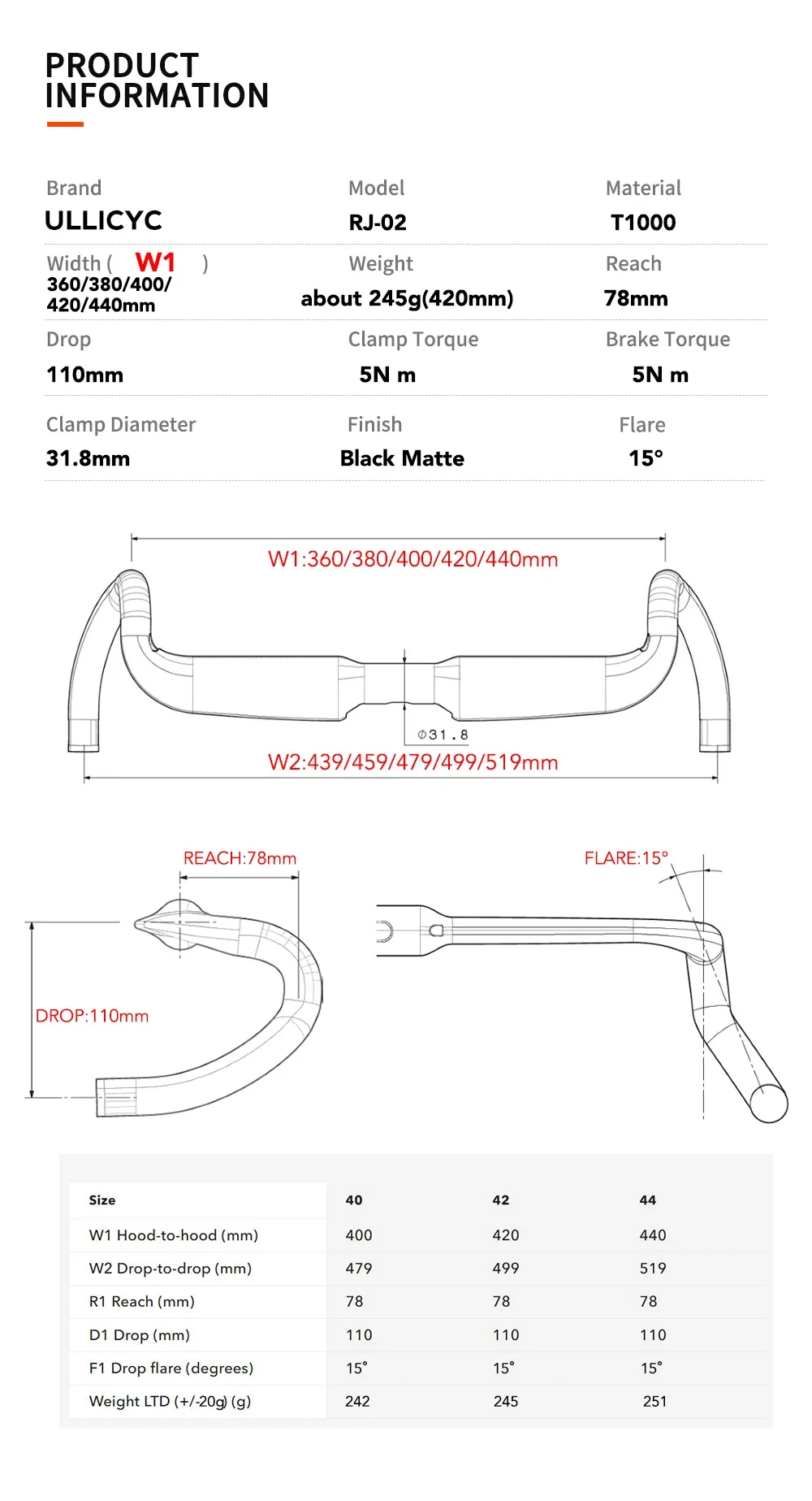 ULLICYC Carbon Fiber Aero Gravel/Road Handlebars,Internal Cables Racing Bike Drop Bent Bar 360/380/400/420mm,31.8MM