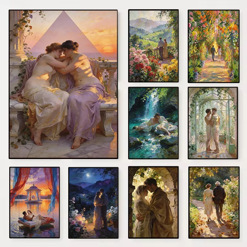 (No frame)Vintage Romantic Couple Gay Lesbian Kissing Scene Landscape Portrait Poster Canvas Painting Wall Pictures Home Deco