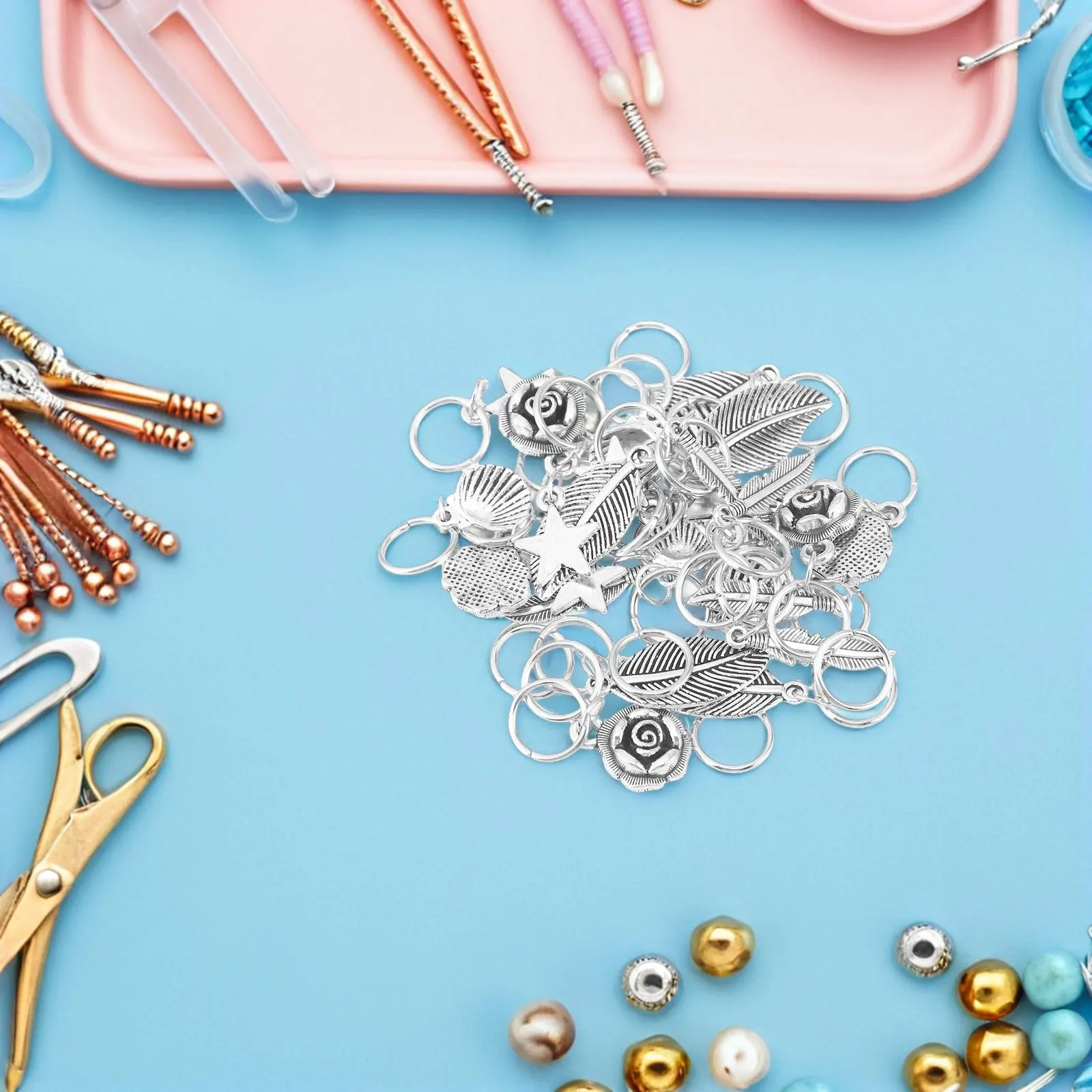 

45Pcs Metal Hair Ring Pendant with Leaf and Star Motif Easy Clip Hair Ornament for Braid Styling Wedding Meeting Daily Elegant