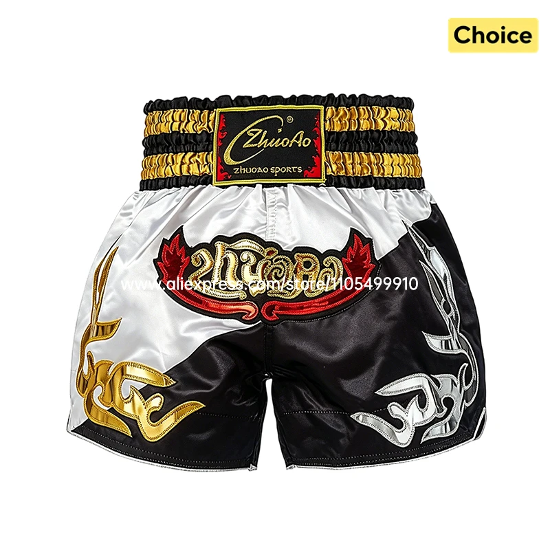 Muay Thai Shorts Classic Thai Boxing Shorts Flame Embroidery Satin Men Women Kids Gym Martial Arts MMA Kickboxing Training Pants