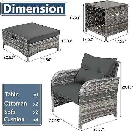 Juego de sillas de mimbre para Patio al aire libre, juego de muebles de conversación con otomana debajo del balcón, 5 piezas