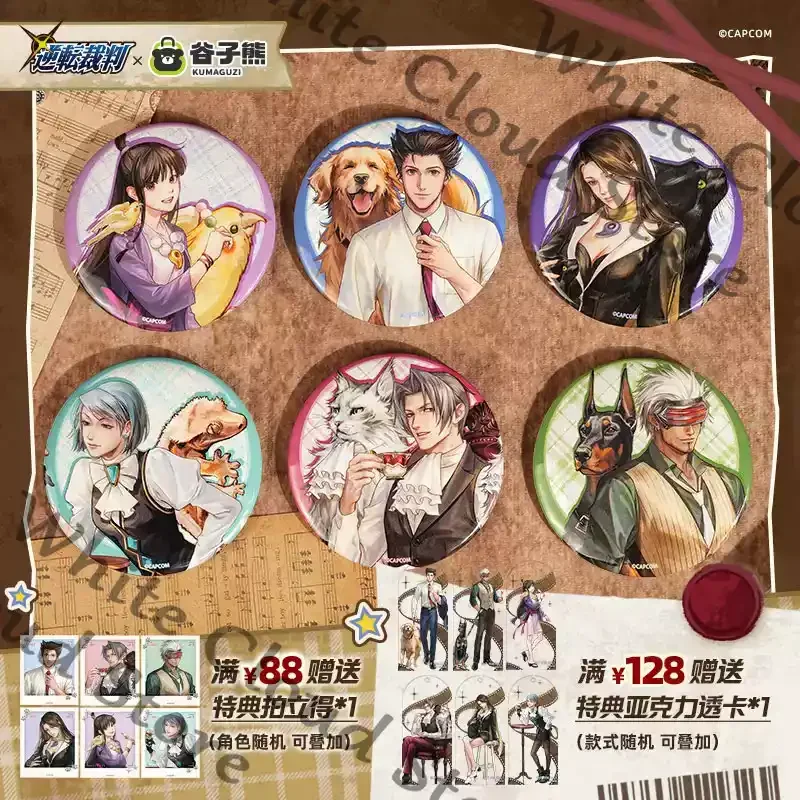 Badge en fer-blanc de merchandising de dessin animé et cosplay Anime Ace Attorney Phoenix Wright Miles Edgeworth Mia Fey Maya Godot Franziska Von Karma