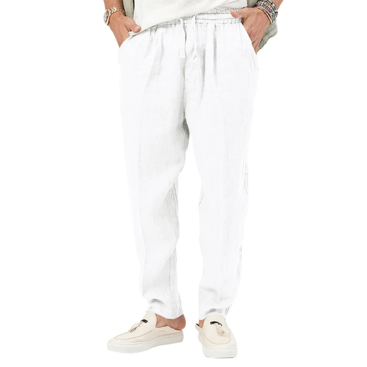 Men's Summer New Style Casual Cotton-Linen Long Pants Fashionably Loose-Fitting Straight Leg with Elastic Waist Outdoor Sports P