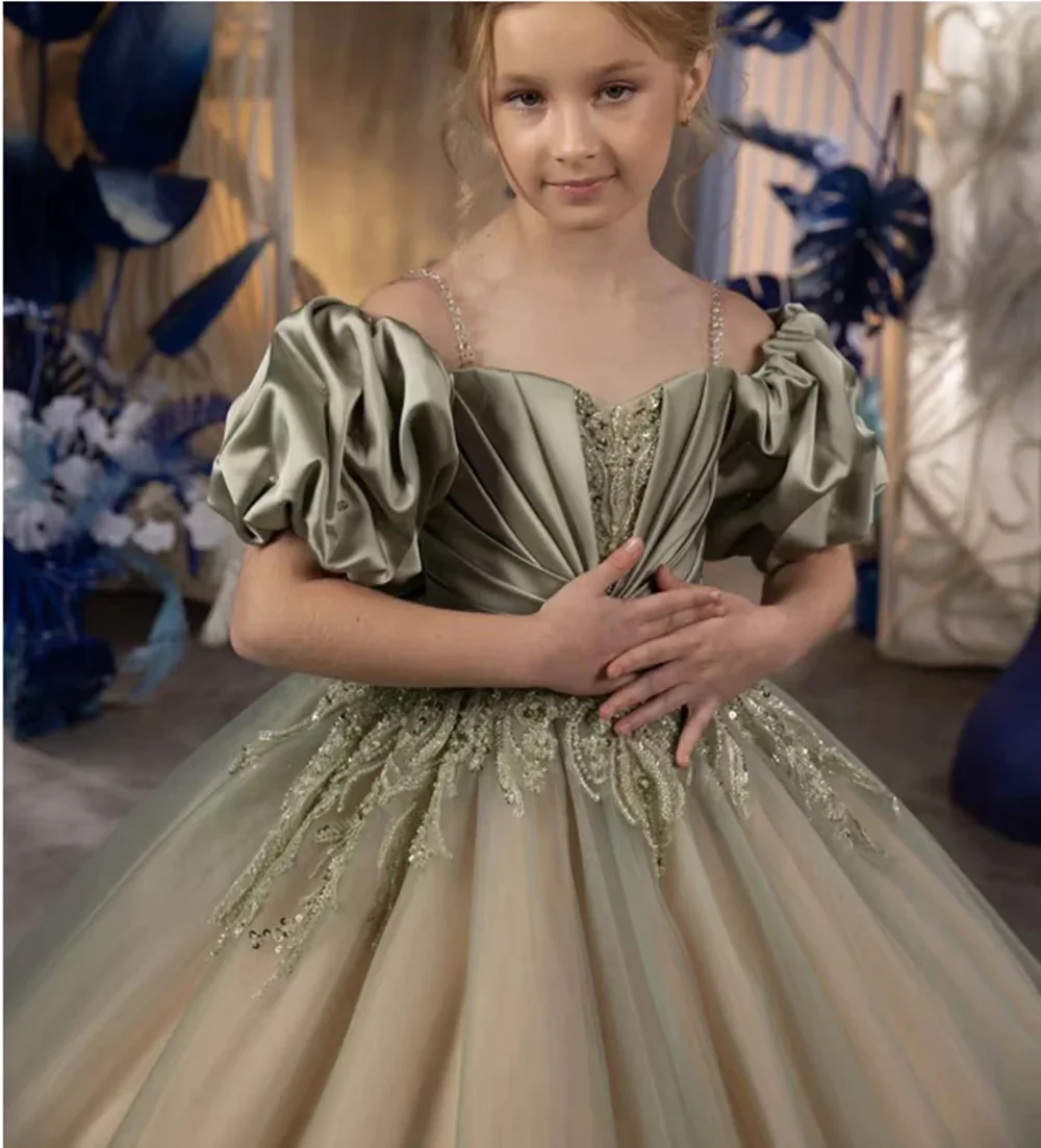 فستان فتاة الزهور مزين بالتول مخصص لحفلات الزفاف بأكمام قصيرة مزين بالترتر للأطفال وحفلات أعياد الميلاد الأولى فستاين سهرة/فساتين الحفلات