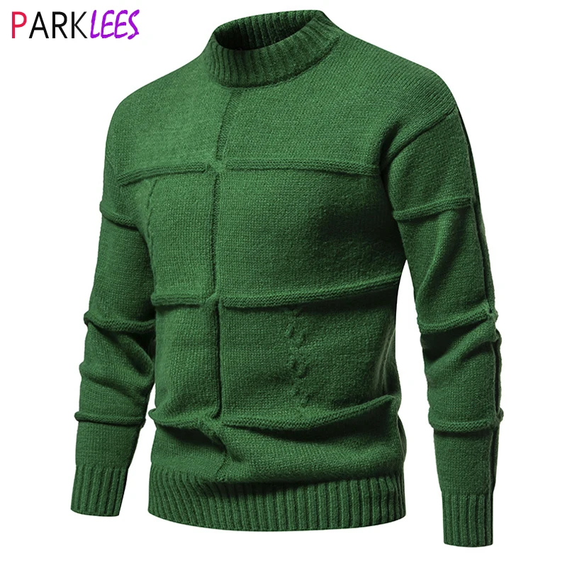 

Green Mock Turtleneck Pullover Sweater for Men Winter Slim Fit Knitted Twisted Sweaters Long Sleeve Casual Thermal Pull Homme