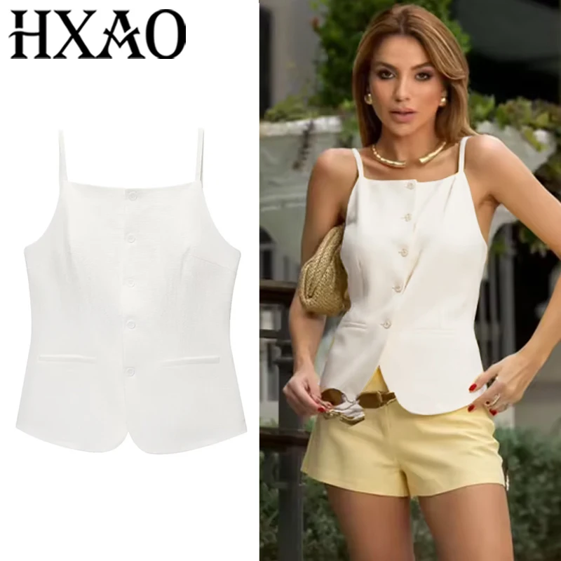 

HXAO без рукавов без рукавов, женский летний белый укороченный топ, женский офисный повседневный топ на пуговицах, жилет, элегантный женский топ