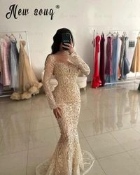 Arabic Champagne Turtlneck Evening Dress Long Sleeve Luxury Wedding Party Gowns Women Formal Occasion Prom Gowns Dubai Custom