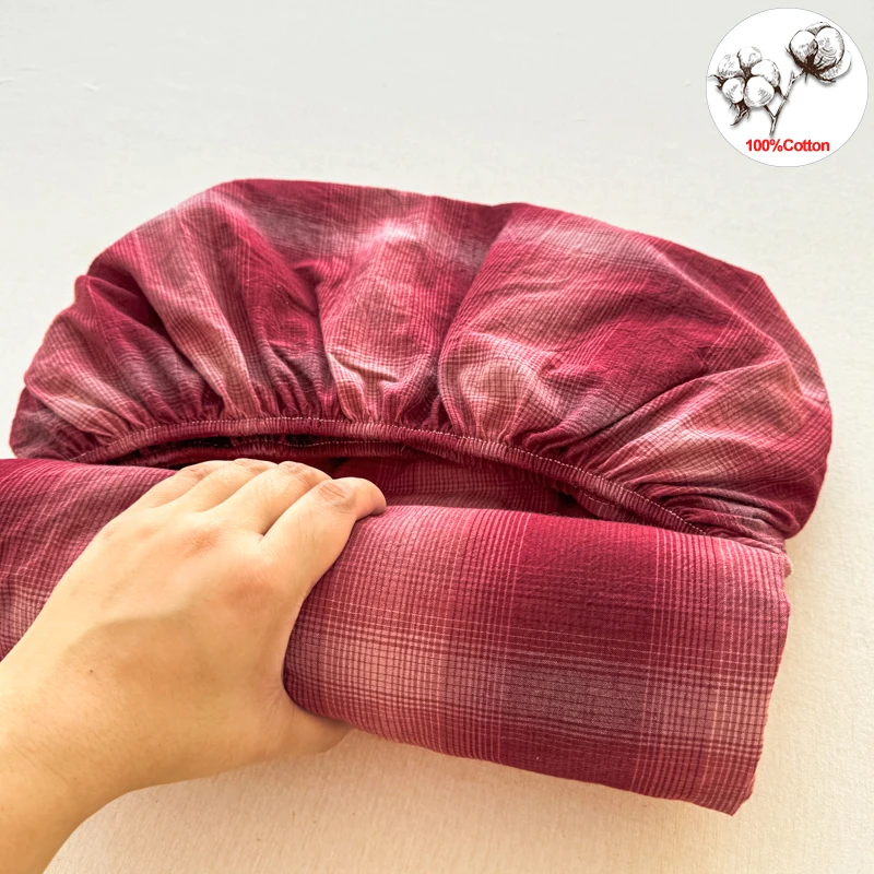 

100% Cotton Fitted Sheet Red Plaid Yarn-Dyed Bed Sheet with Deep Pocket Breathable Wrinkle Resistant Durable Machine Washable
