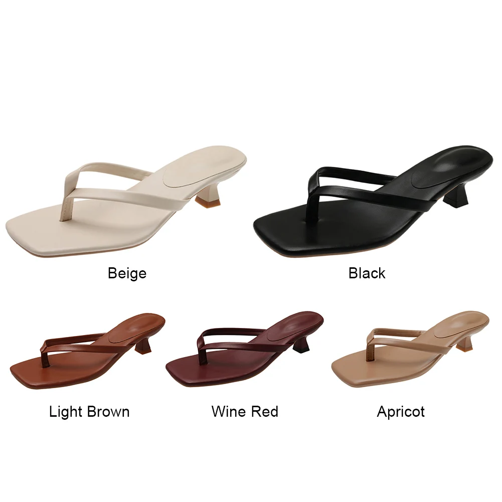 Women Stiletto Square Toe Sandals Solid Color Casual Flip-Flops PU Leather Thin Heel Flip Flops for Seaside Beach Travel image 3