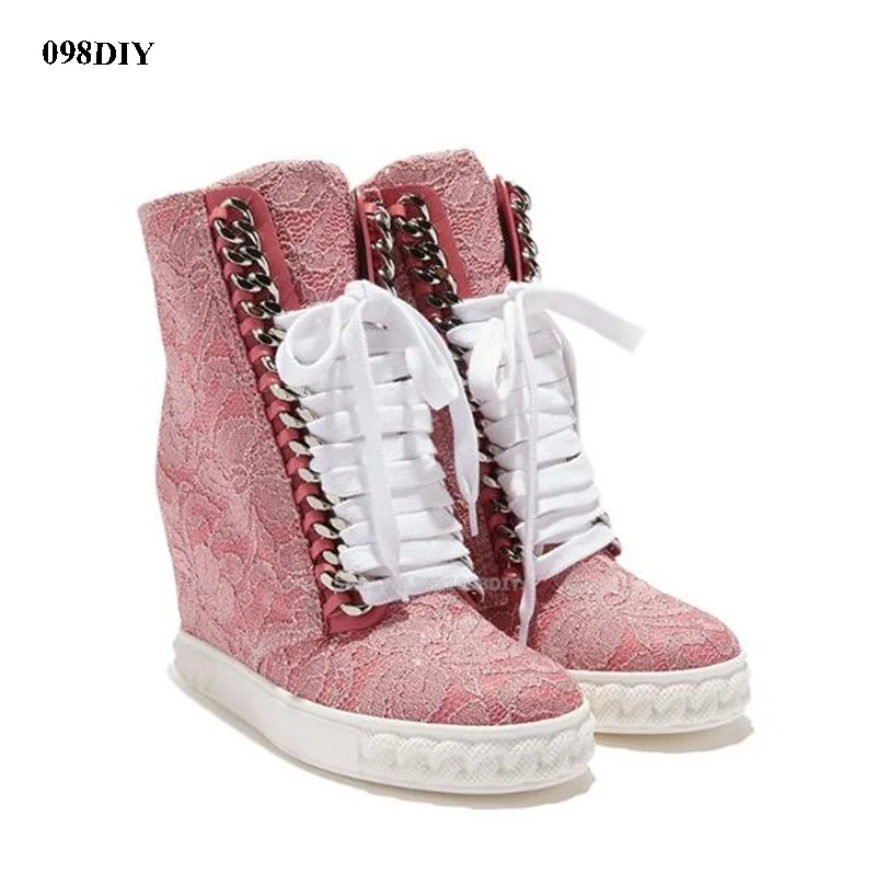 

New Pink Black Woman Fashion Hidden Wedge Lace Up Short Ankle Floral Lace High Top Sneakers Round Toe Boots