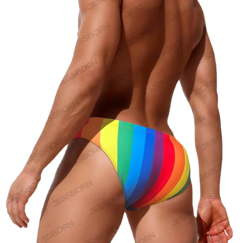 Rainbow Stripe Pouch Swimwear Men Bikini Briefs Slip Swim Wear Sexy Push Up Swimsuit Man Bathing Suit Short Men's Swimming Trunk