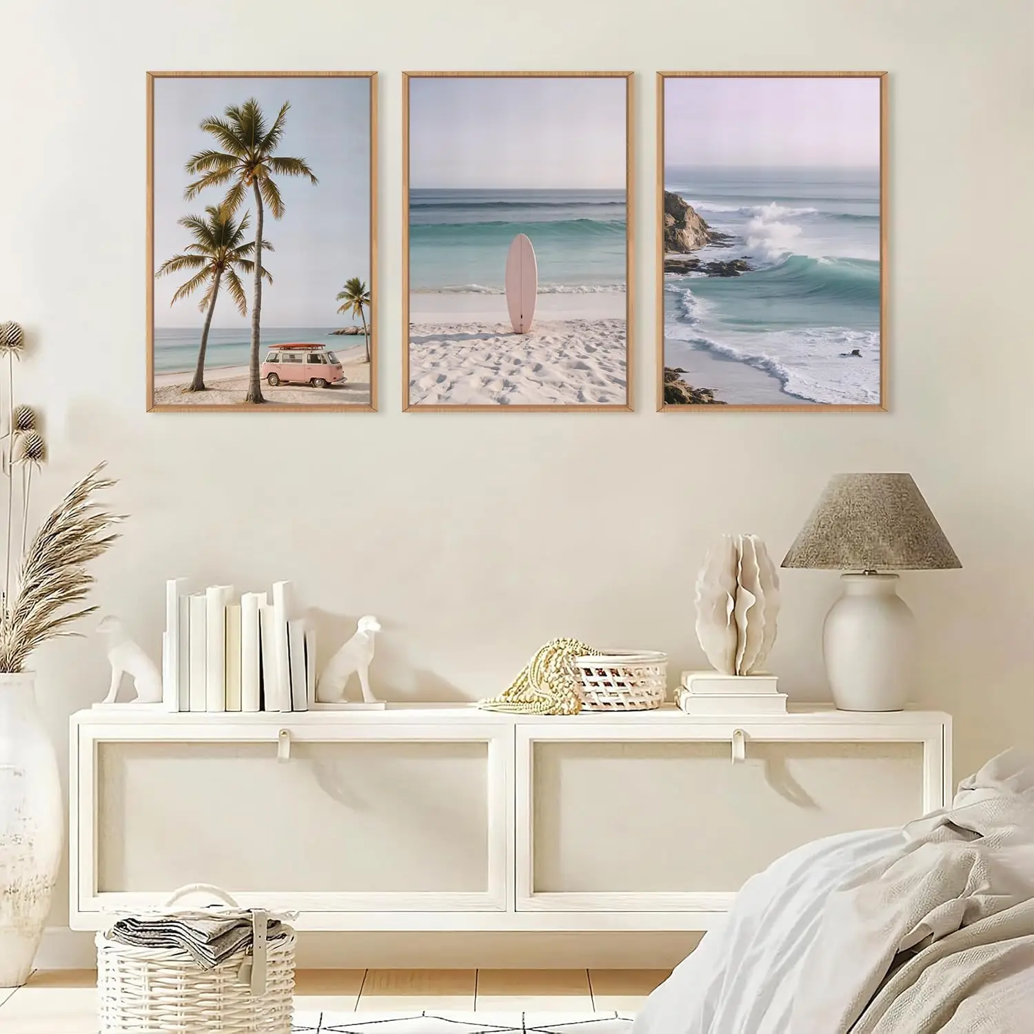 

3pcs/Set Beach Sea View Canvas Wall Art Palm Tree Surfboard Natural Wall Decoration Modern Coastal Landscape Art Home Decoration