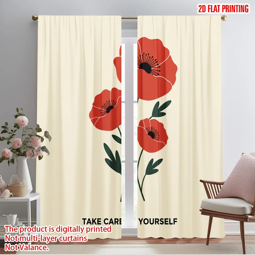 

2pcs 2D flat printing Window Curtains Poppy flowers take care yourself 100% Polyester Fabric Without Electricity Festive Wall