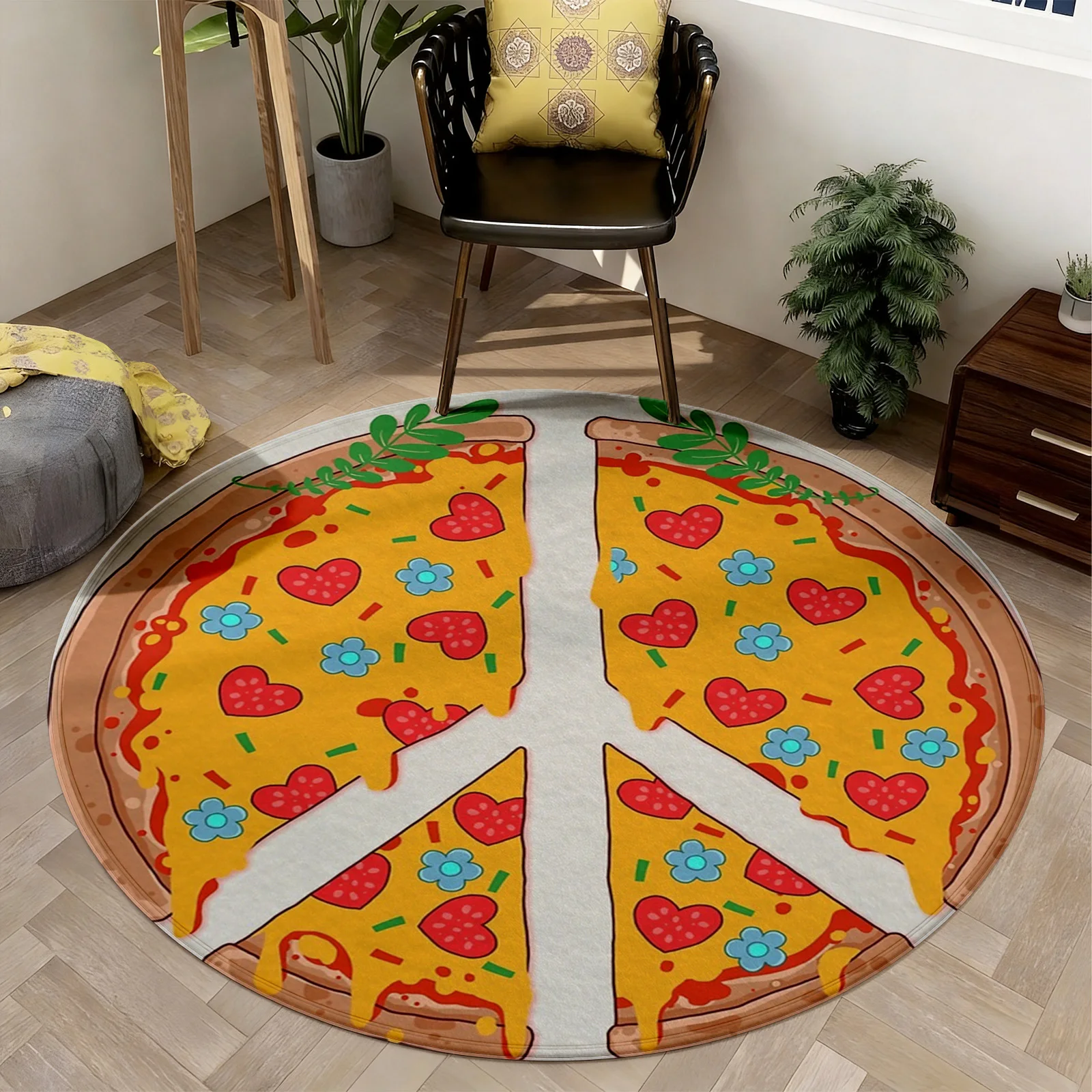Novelty Pizza Slice Shaped Round Area Rug Floor Mat Cute Food Themed Kitchen Living Room Decor Washable Picnic Entrance Rug