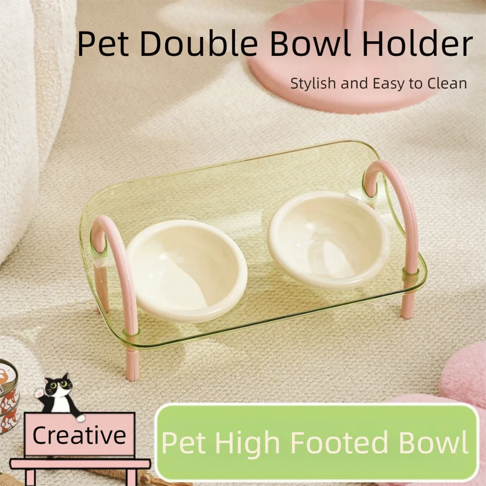 

Double Bowls Pet High Footed Bowl Anti-flip Adjustable Height Cat Food Water Bowl Stable Anti-vomiting Water Feeder Container