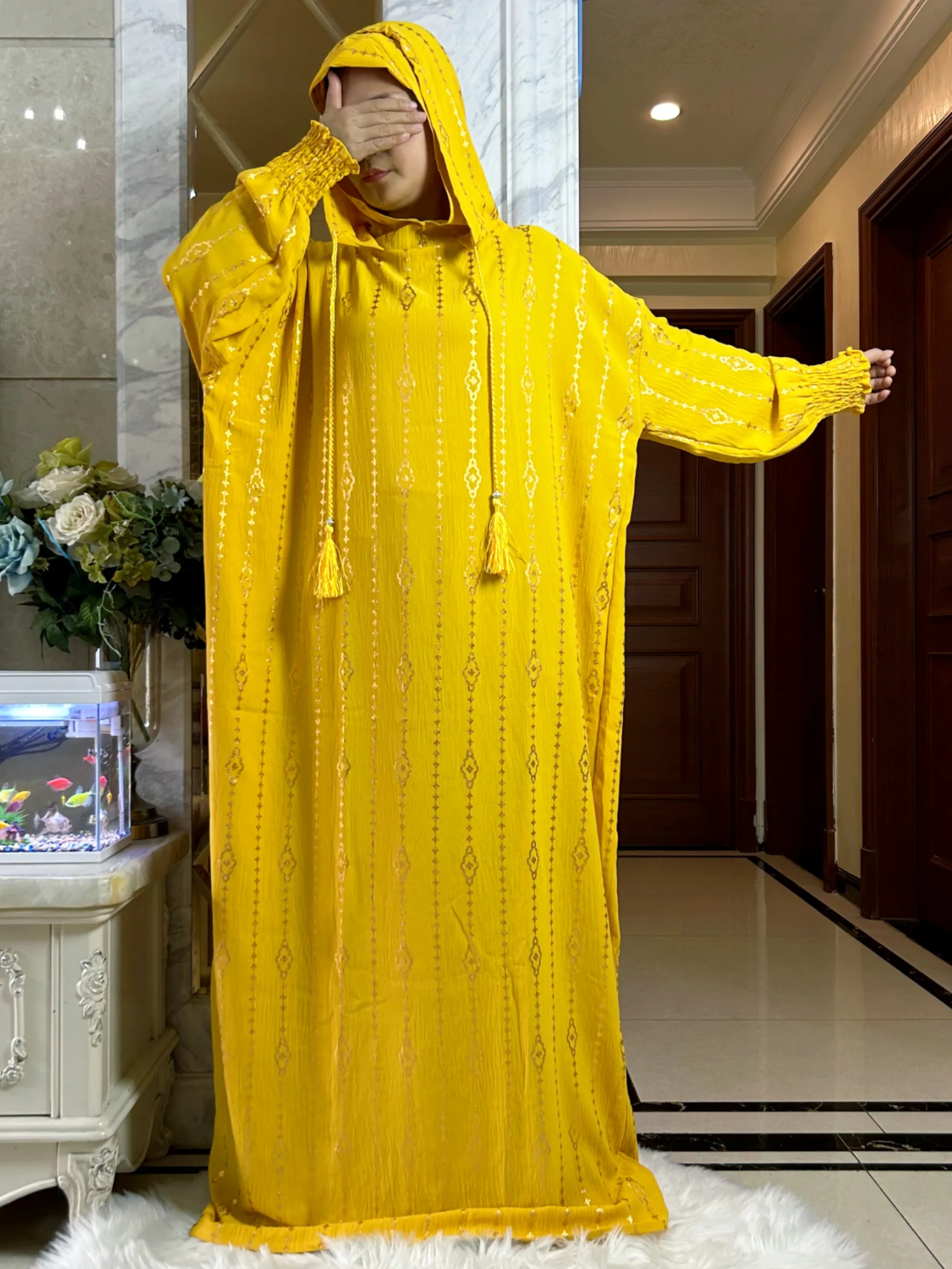Goldstempel aus reiner Baumwolle, Ramadan, muslimische Damen-Abaya mit zwei Hüten, Dubai-Türkei-Stil, islamische Gebetskleidung, Kaftan-Kleid