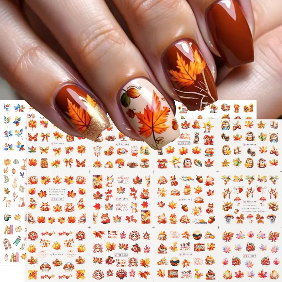 1pc Kawaii Maple Leaf Nail Water Sticker Cartoon Pumpkin Fox Squirrel Owl Nail Transfer Slider Autumn Watercolor Nail Supplies