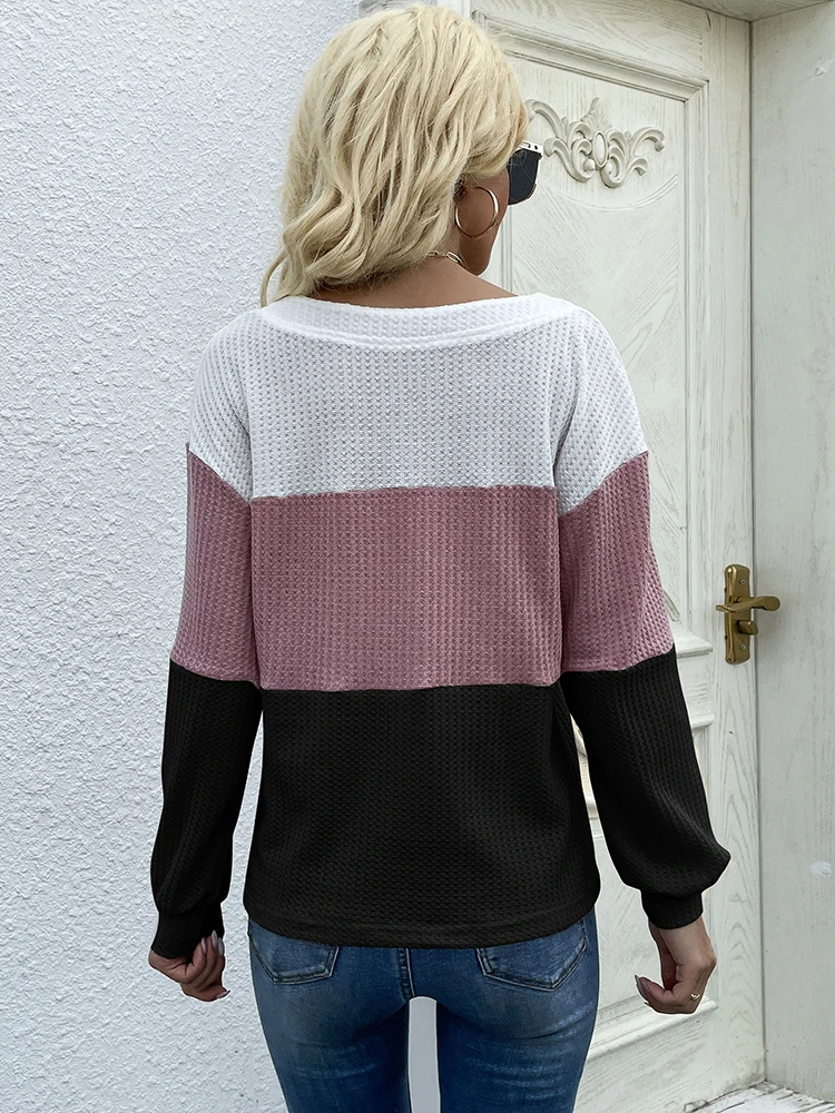 JIM & NORA New Fall 2023 Long Sleeve Pullover Matching Color V-neck Waffle Knit Women Sweater Blusa Pullover Feminina Sweatshirt