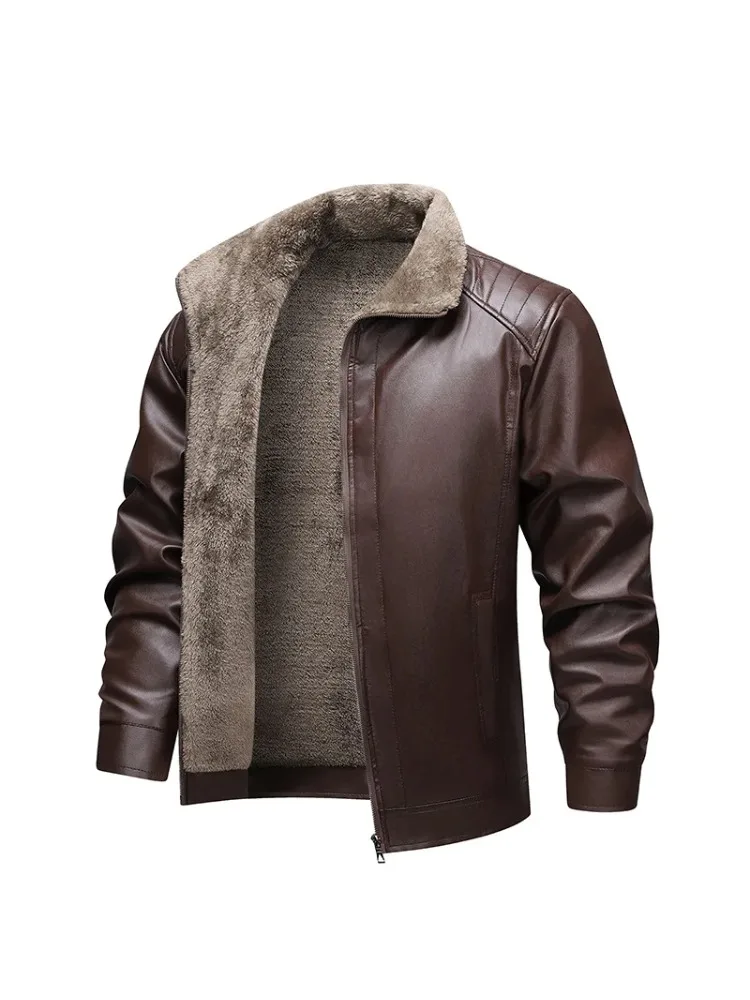 

Осень-зима, мужская кожаная куртка, деловая повседневная мужская верхняя одежда, винтажное утепленное флисовое мужское пальто с отложным воротником и длинным рукавом