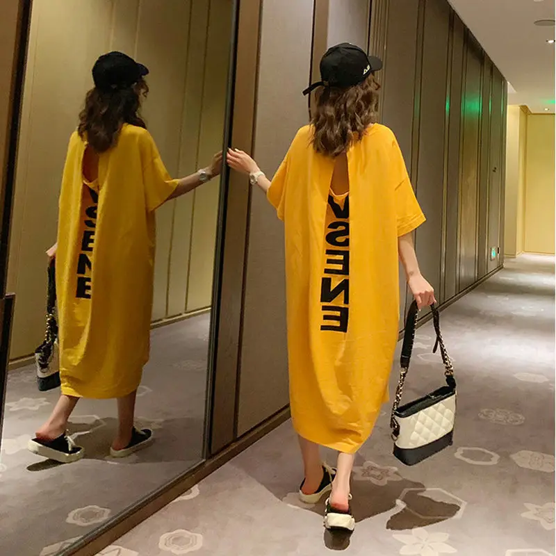 

Korean Loose Hollow Out T Shirt Dress Summer Short Sleeve Backless Letter Print Sexy Casual Dresses Fashion Trend Women Clothing