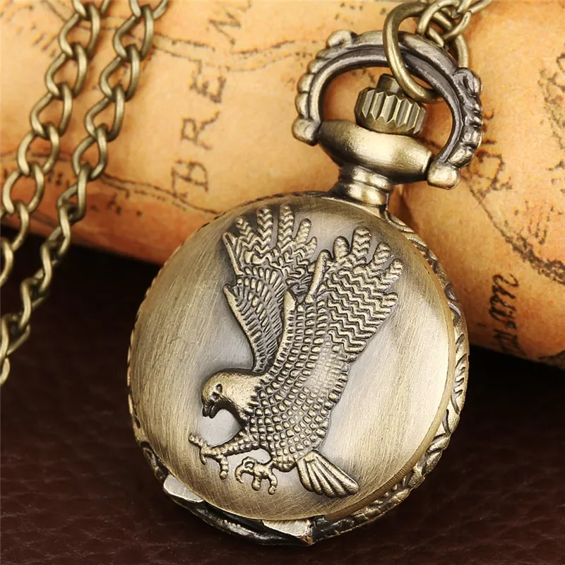 Antique Small Size Clock 3D Eagle Design Retro Arabic Number Analog Quartz Pocket Watch for Men Women Necklace Sweater Chain