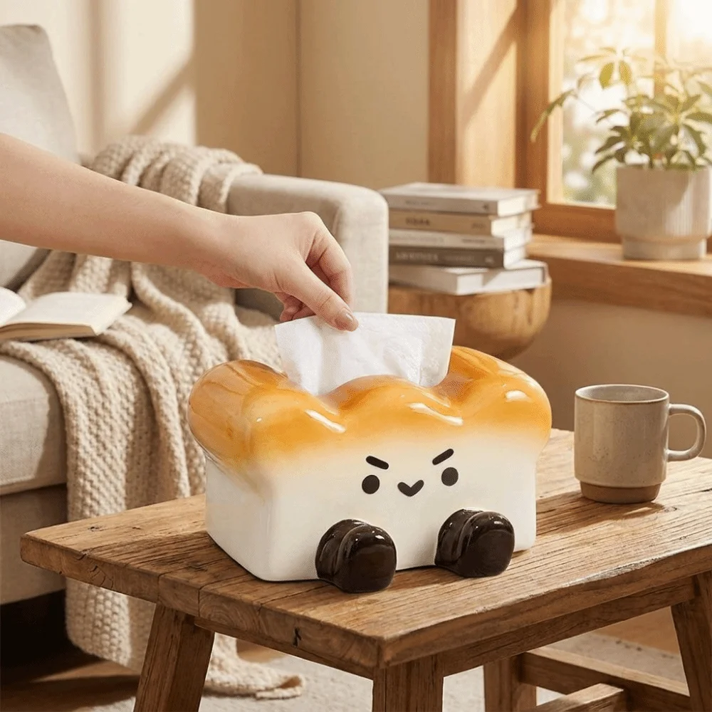 Cute Toast Ceramic Tissue Box Large Capacity Reusable Napkin Storage Case Decorative Household Paper Storage Box Table Decor