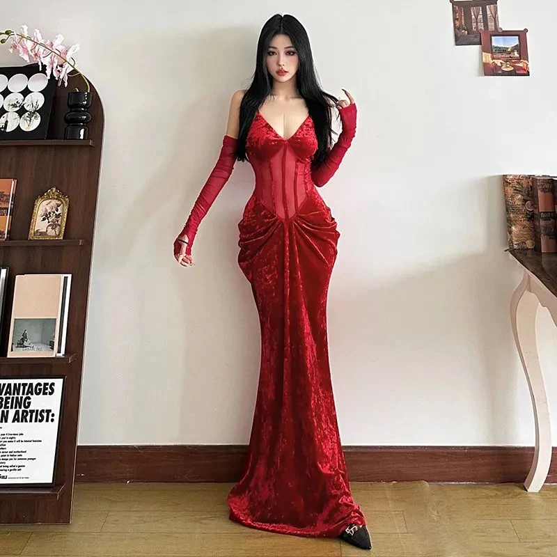 Damska sukienka na ramiączkach z aksamitu w stylu Y2K, seksowna, dopasowana, na cienkich ramiączkach, uniwersalna sukienka midi, koreańska, elegancka, plisowana, długa sukienka na imprezę/do klubu.