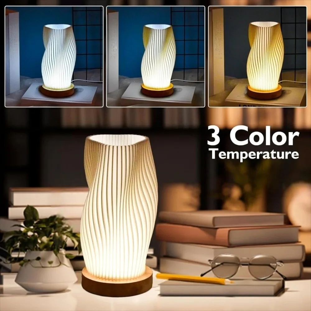 

Dimmable 3D Pleated Table Lamp 3 Color Eye Protection Wood Base Night Light Home Decoration Atmosphere Lamp Bedside Lamp Study