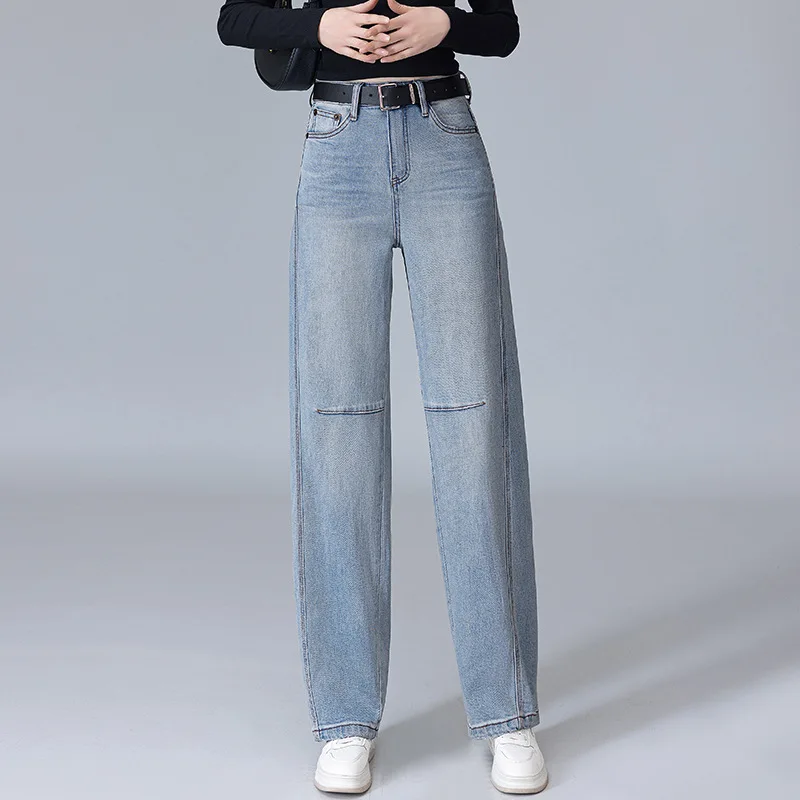 سروال Scimitar من قماش الدنيم باللون الأزرق الفاتح للنساء، سروال منجل مستقيم عالي الخصر للتخسيس متعدد الاستخدامات لفصل الربيع والخريف