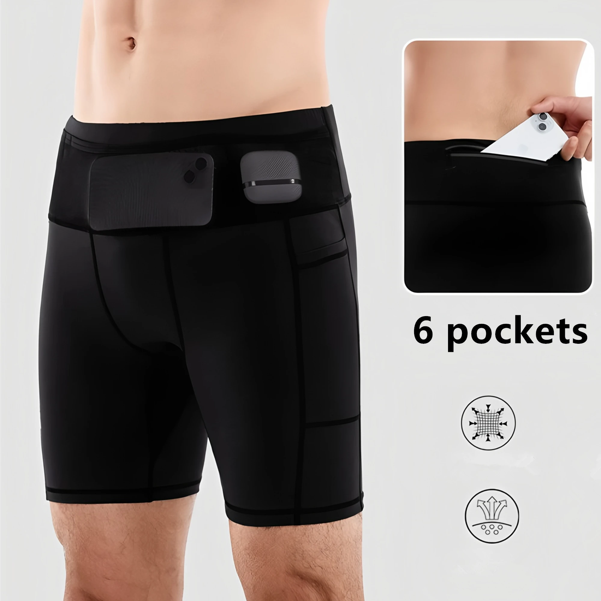 Mens Compression Marathon Running Shorts 6 Pockets with Waist Pack Fitness Gym Yoga Cycling Sport Hiking Tights Shorts Quick Dry