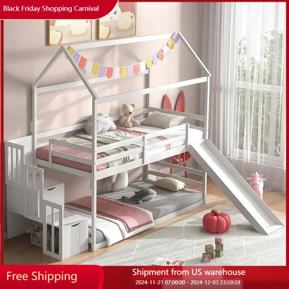 Children's double bed, wooden double layered frame, with sliding and storage stairs, with safety guardrails, children's bed