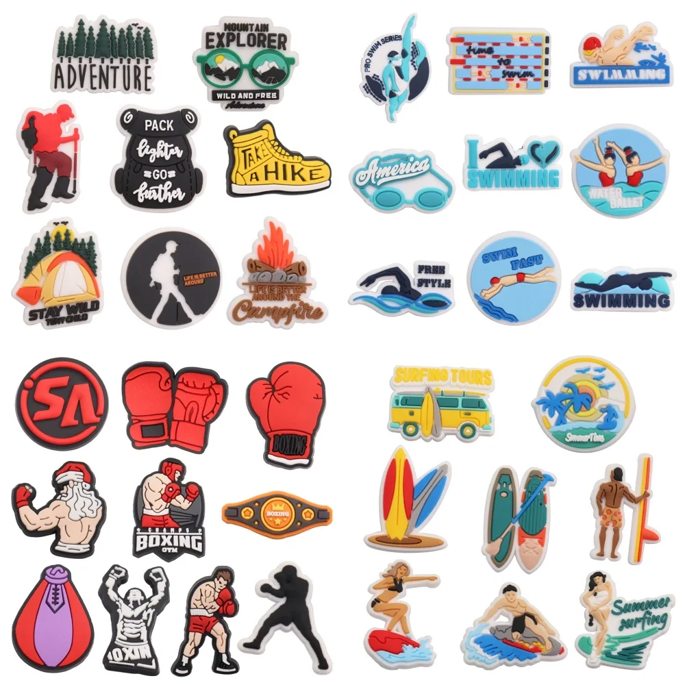 8-10Pcs Sport Serie Boxen Sommer Surfen Schwimmen Wasser Ballett Wanderung PVC Schuh Charms Sandalen Schuhe Zubehör Party weihnachten Geschenk