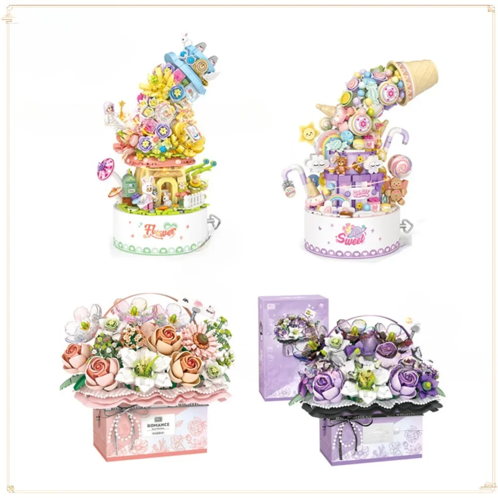 

Exquisite Hand-held Flower Basket Eternal Flower Bouquet Lighting Music Box Building Block Model Anniversary Gift Goods in Stock