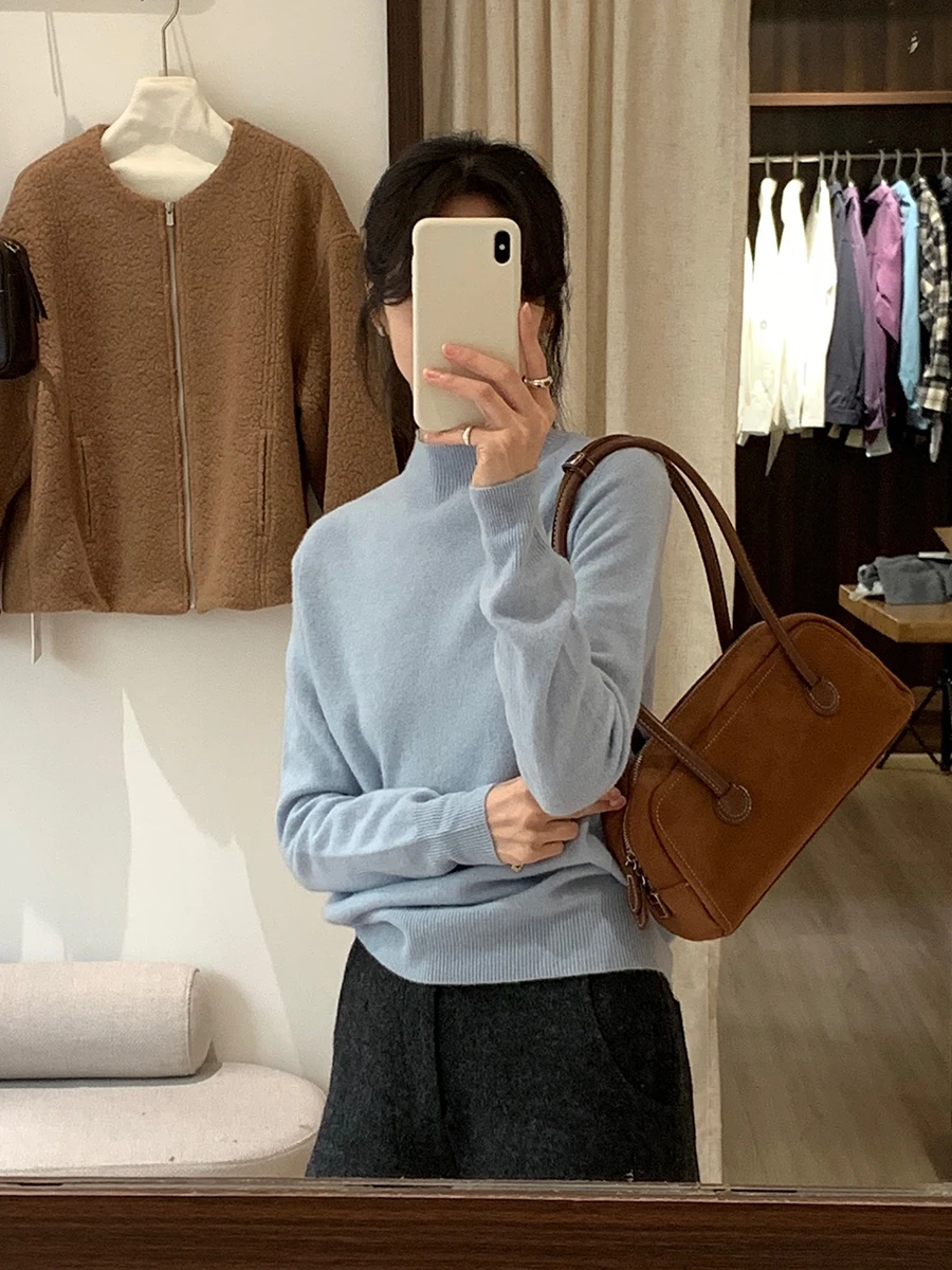 

BRIVIN Светло-голубой вязаный топ из 100% шерсти с высоким воротником, облегающий, базовый, в корейском стиле, для повседневной носки, мода осень 2025