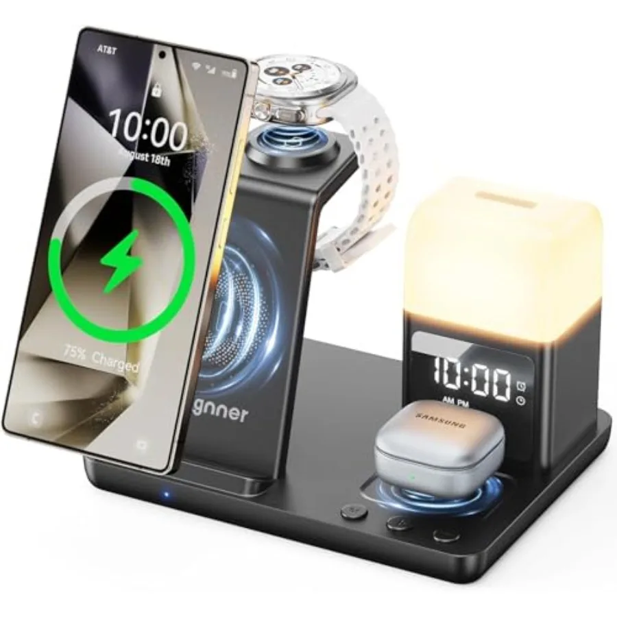 6 in 1 Wireless Charging Station for Samsung Android with Clock and Night Light Alarm Clocks for Bedrooms, Wireless Charger Sta