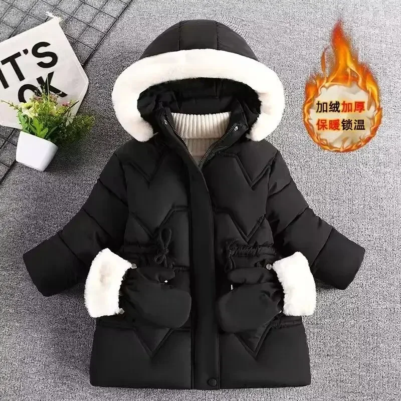 Manteau à capuche avec col en fourrure pour enfants, veste d'hiver chaude pour filles, chapeau parfait, doublure en peluche, gants pour enfants, 2-8 ans