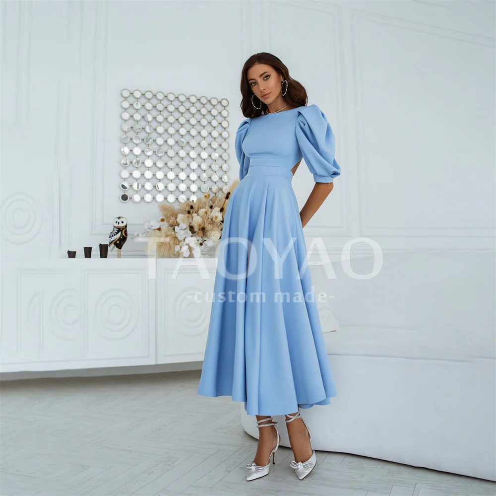 Gorgeous A-Line Scoop Neck Evening Dresses Puff Short Sleeves Sky Blue Party Dresses Backless Prom Gowns Robe De Soirée Vestido