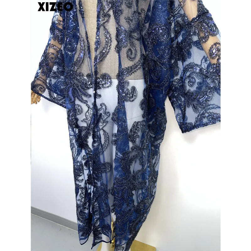 XIZEO Summer Women Cardigan stitch fashion sexy Boho Holiday free size long Sleeve Silk feeling Robe elegant kimono kaftan