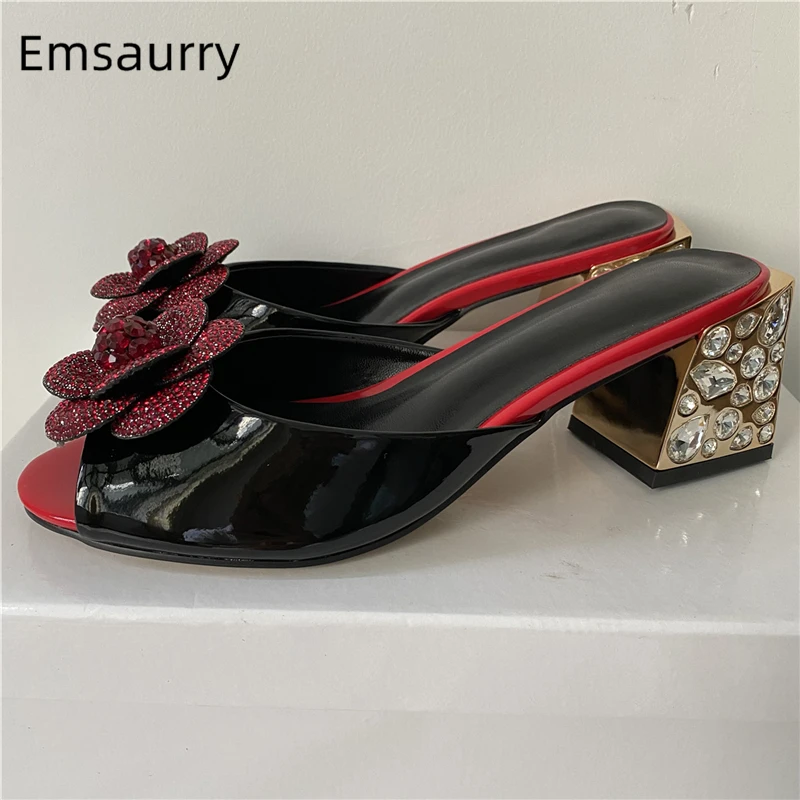 Crystal Rhinestone Flower Sandals Women Luxury Patent Leather Slingbacks Diamond Jeweled Square Heel Summer Shoes