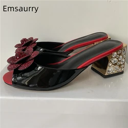 Crystal Rhinestone Flower Sandals Women Luxury Patent Leather Slingbacks Diamond Jeweled Square Heel Summer Shoes