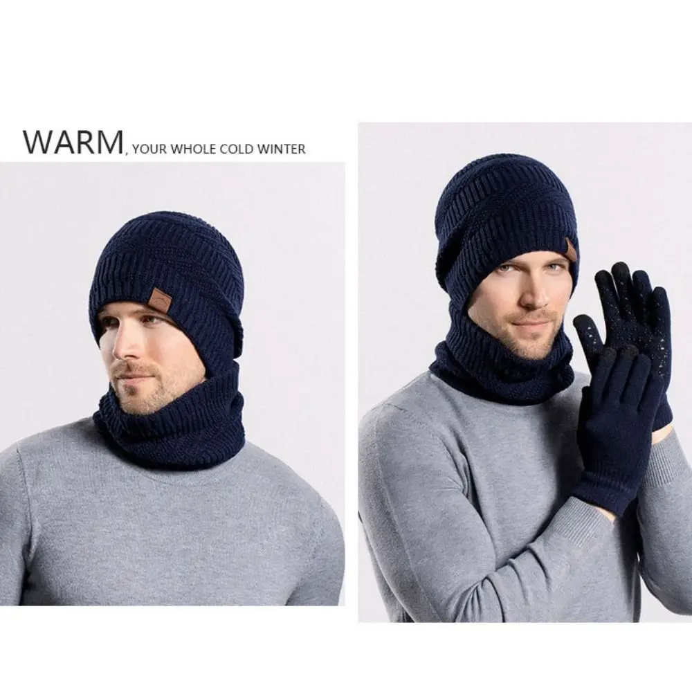 3pcs Neck Warmer Solid Color Hat Scarf Gloves Set Warm Wool Thermal Knit Cap Thicken Thermal Protection Winter Beanie Hat Skiing