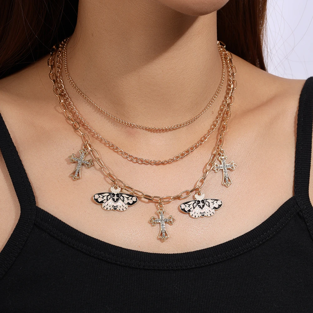 

Fashion Cross Butterfly Pendant Necklace Multilayer Necklaces Chain Women Girls Party Jewelry Gifts