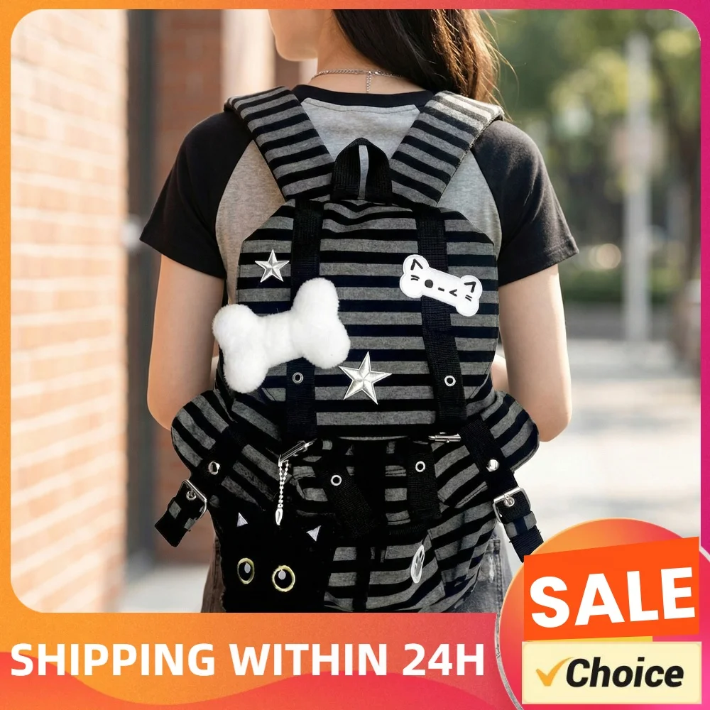 Retro Y2k Casual Striped Backpack Korean Style School Bag Multi-Pocket Large Capacity Versatile Bookbags K-pop Girl Women's Bag