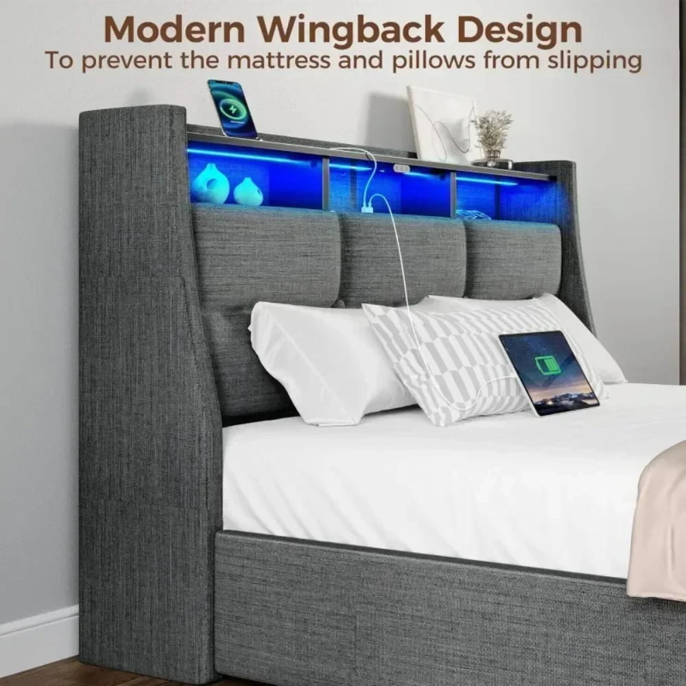 Twin Size Frame with LED Lights and Charging Station, Upholstered Bed Storage Headboard &Amp; Drawers, Twin Bed image 6