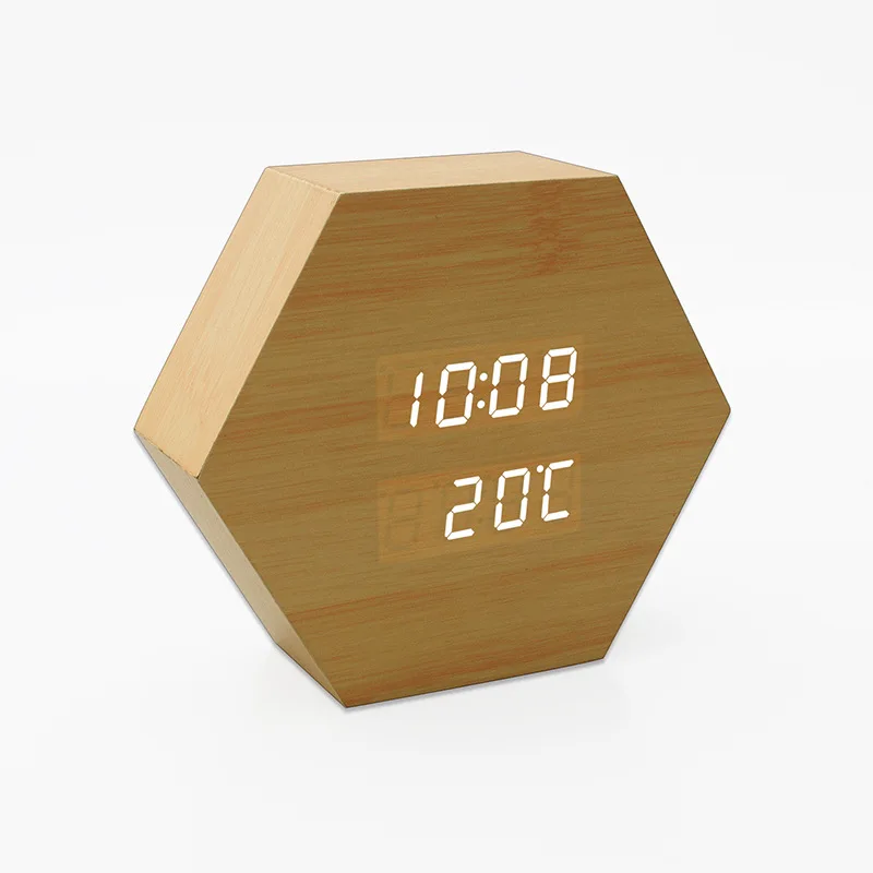 

Hexagonal wood grain LED multifunctional alarm clock