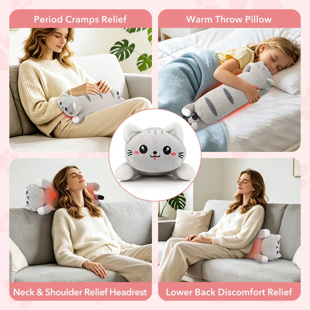 USB Heating Pad Period Heated Plush Cute Cat Throwing Pillow Neck Back Abdomen Heating Pad for Women Period Cramps Menstrual view 6