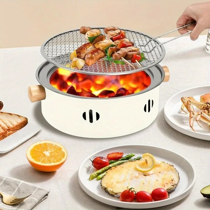 Portable Charcoal Barbecue Grill, 1pc Mini BBQ Grill Multifunctional Charcoal Grill Smokeless Round Tabletop Charcoal Grill for Indoor Outdoor Cooking Home Party Picnic Camping